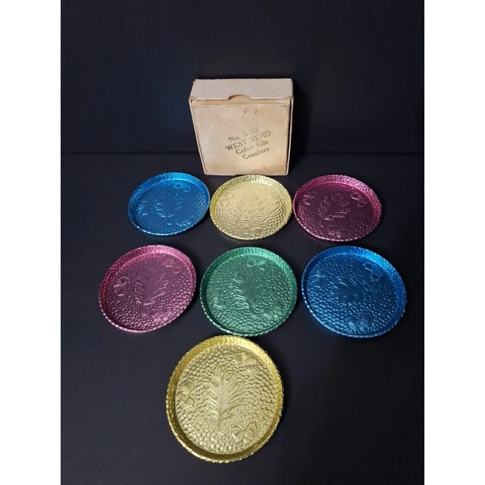 West Bend Aluminum Set of 7 Hammered Leaf and Acorn Color Glo Coasters W/Box